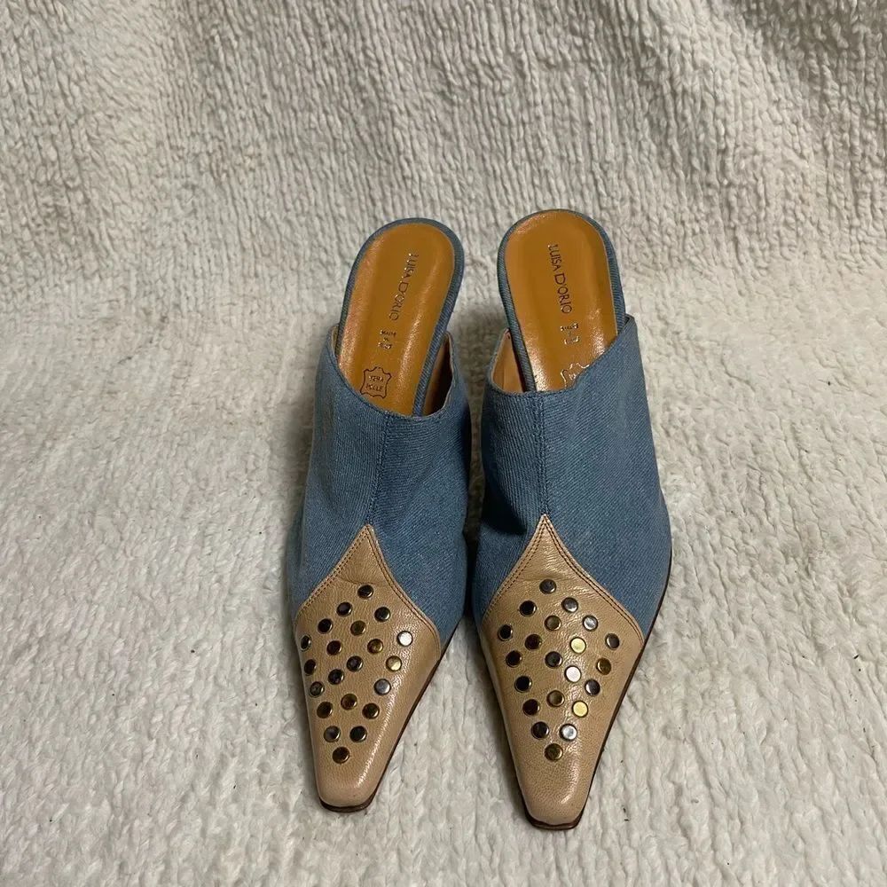 Luisa D’orio Blue Denim fabric and Tan leather slip on heeled mules SZ10